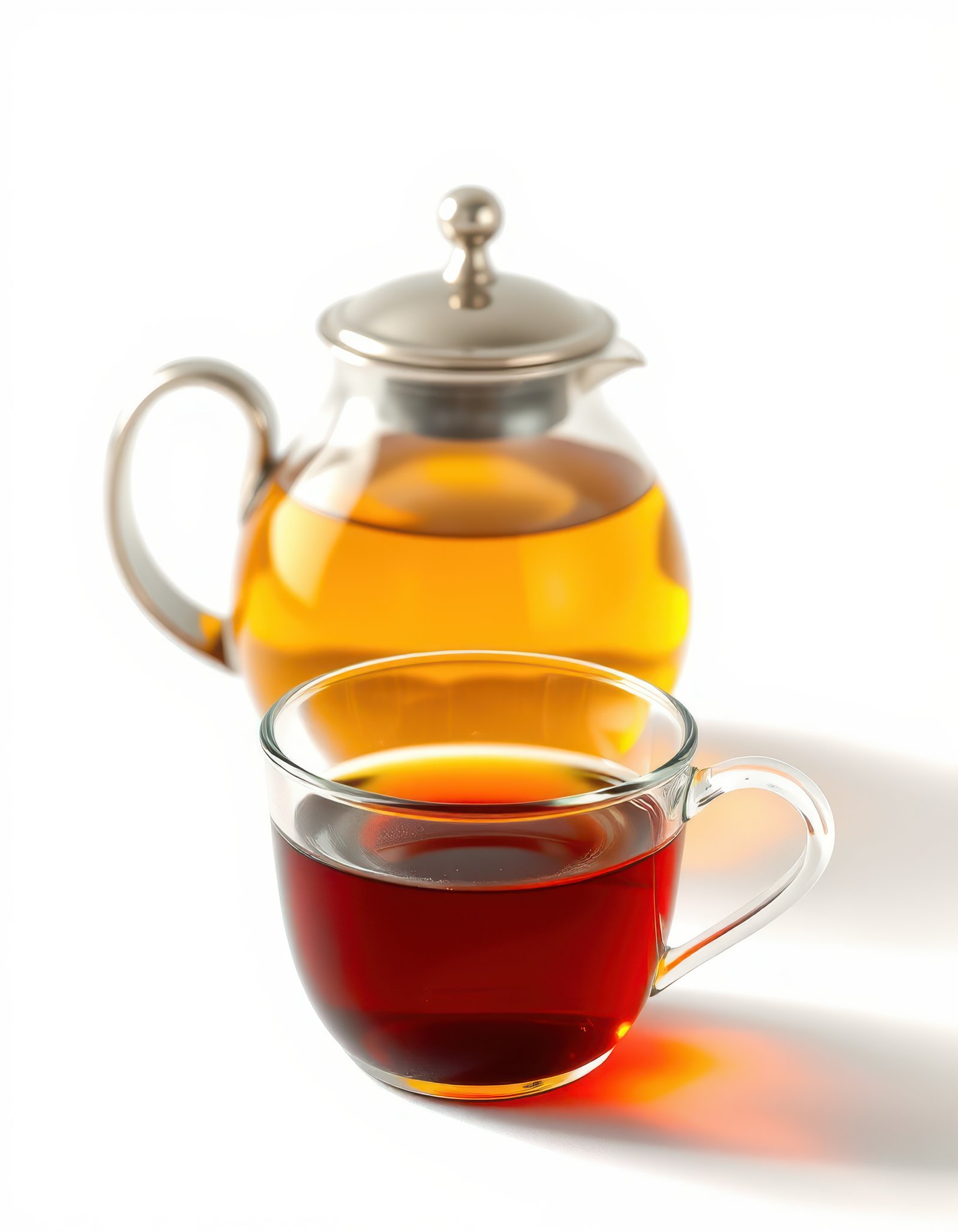 Hot tea served in a clear glass cup alongside a glass teapot filled with golden brew